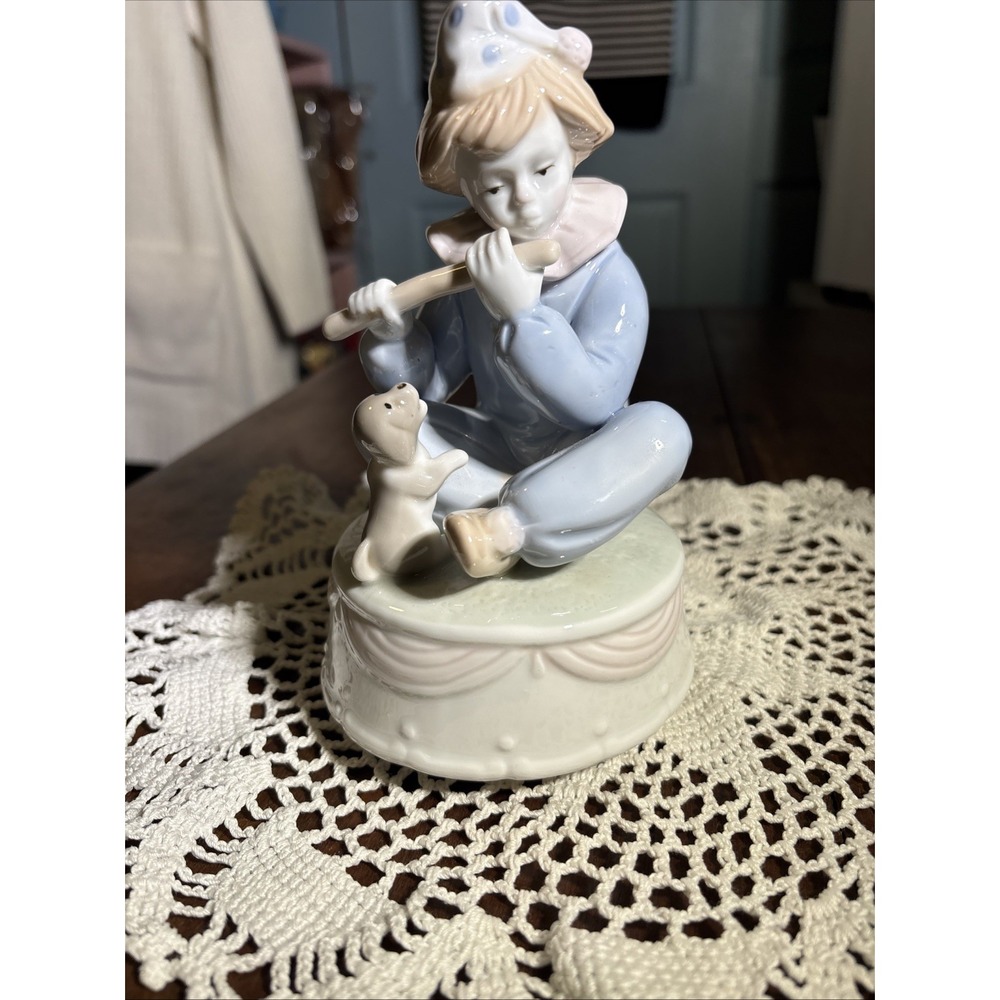Paul Sebastian Clown Playing Flute with Dog Porcelain Figurine Music Box 7.5"